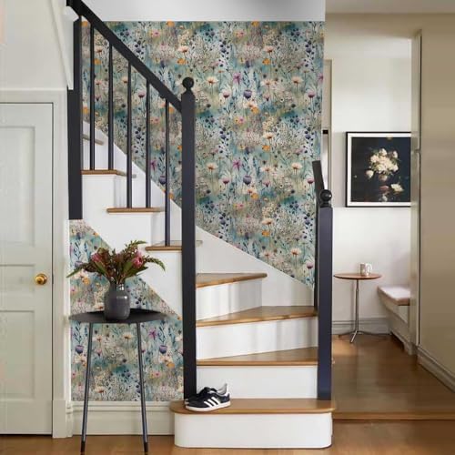 Watercolor Blue Green Purple Beige Wildflower Peel and Stick Wallpaper Wall - Image 6