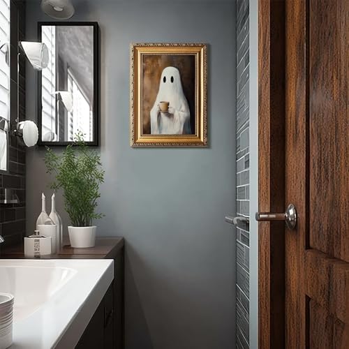 uniro Vintage Gold Framed Wall Art, Vintage Ghost Drinking Coffee Halloween - Image 4