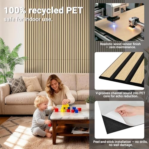 V-Groove Wood Slat Acoustic Panels, 62.4 Sq Ft Self-Adhesive Soundproof Wall - Image 4