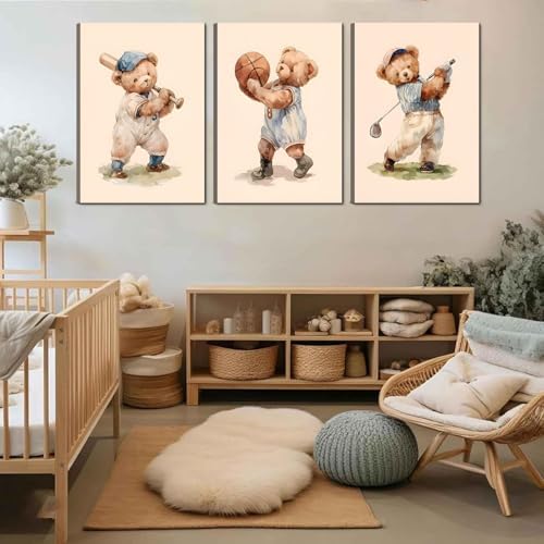 Teddy Bear Sports Nursery Animal Canvas Wall Art Cute Woodland Rugby Wall Decor - Image 3
