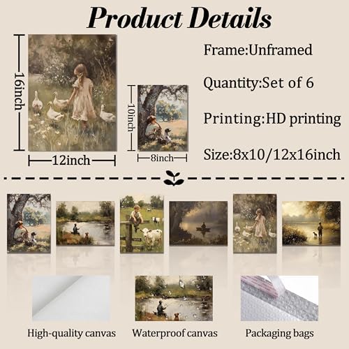 Vintage Countryside Wall Art Set of 6, Unframed Canvas Prints Rustic Farmhouse - Image 3