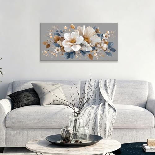 White Flower Gold Leaf Flower Canvas Wall Art Decor - Image 5