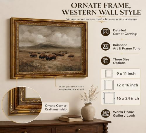 Gold Framed Wall Art Vintage country Bison Herd Canvas Painting Picture Wall - Image 2