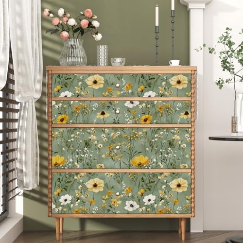 Laatse Vintage Green Yellow Daisy Floral Botanical Wallpaper 17.5"x787" - Image 3