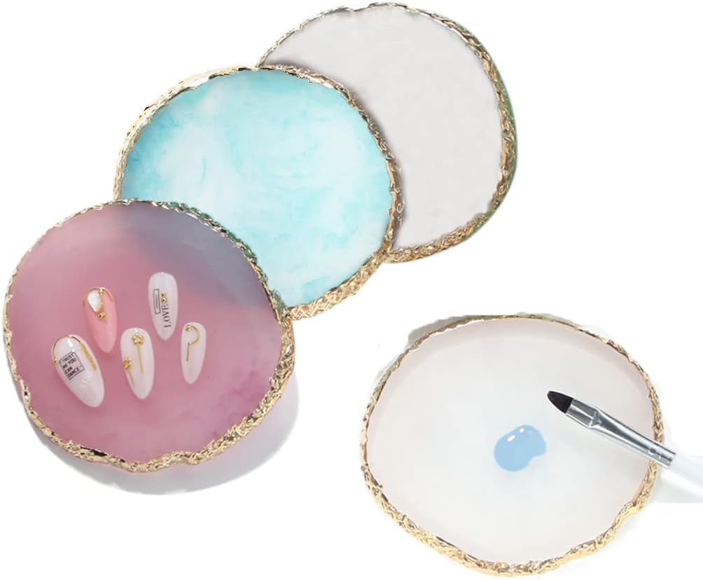 Resin Nail Art Palette, Nail Art Painting Mixed Color Palette Gold Edge Nail Gel Color Makeup Display Board (Pink+White)