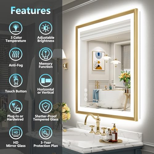 30x36 Gold Beveled LED Lighted Bathroom Mirror, Backlit & Front Lit - Image 2