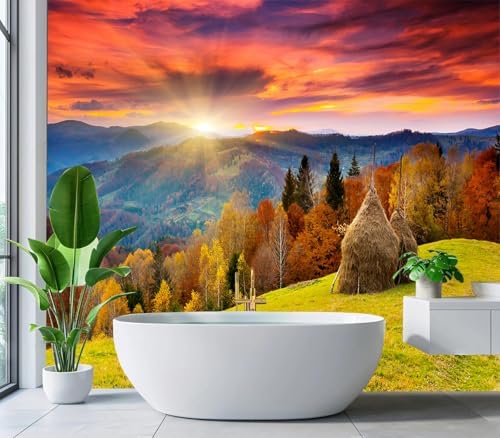 Stunning Autumn Sunset Mountain Haystack Peel Stick Wallpaper - Image 3