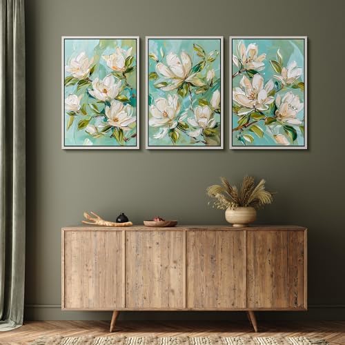 MUDECOR Framed Canvas Print Wall Art Abstract Magnolia Flower Teal Green - Image 5