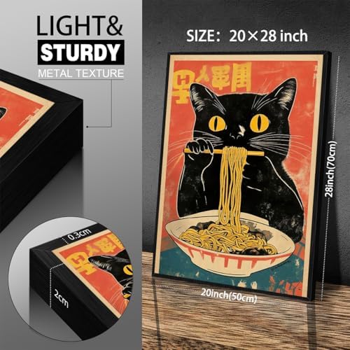 Black Framed Canvas Wall Art Posters Vintage Funny Black Cat Eating Ramen - Image 2