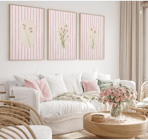 Youillne Pink Flower Wall Art Striped Floral Prints Botanical Canvas Wall Decor - Image 5