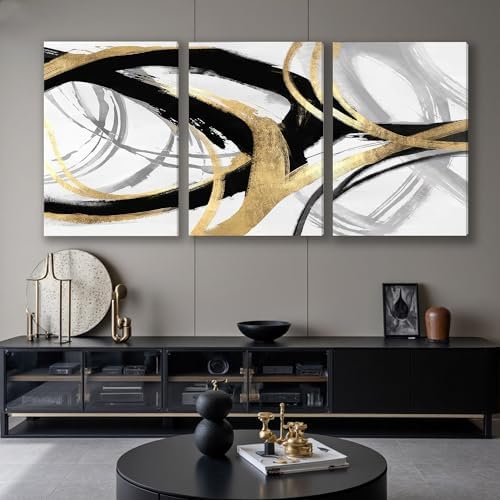DUWQU Triptych Black Gold White abstract Lines Canvas Wall Art 24x36 in x3 - Image 4