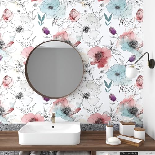 Laatse Blue Pink Watercolor Floral Peel and Stick Wallpaper 17.5"x393" - Image 2