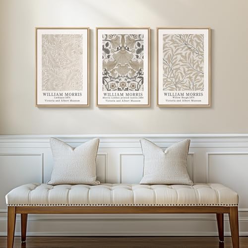 Framed William Morris Neutral Botanical Canvas Wall Art Set of 3, 16x24 In - Image 3