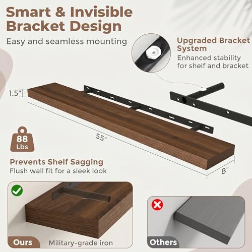 55 Inch Floating Shelves for Wall, Walnut Finish - Image 2