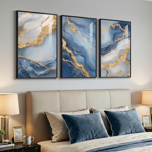 Large Framed Blue Gold White Abstract Wall Art - Image 5
