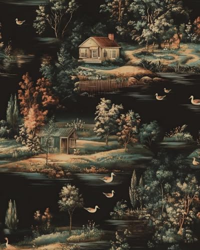 BOKEBEVE Vintage Village Cottage Wallpaper Peel Stick Black 17.5 x 393.5In by BOKEBEVE