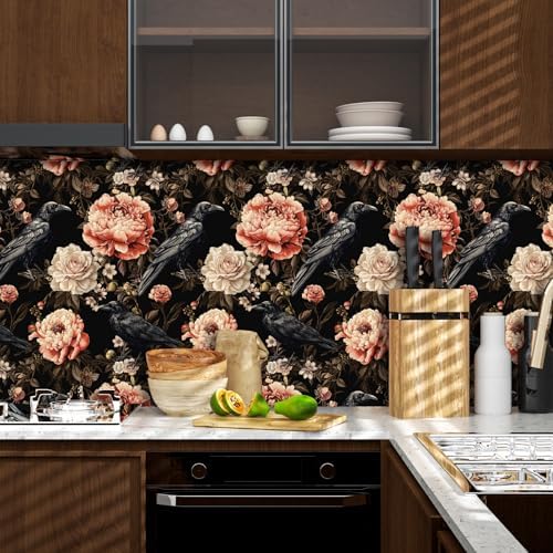 ILHIIOR Black Crow Floral Peel and Stick Wallpaper 17.5 x 118 Inches - Image 3