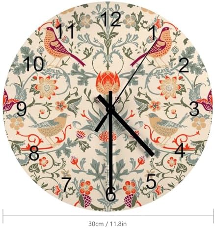 William Morris Wall Clock, Vintage Art White Rustic Floral Botanical Bird Round - Image 2