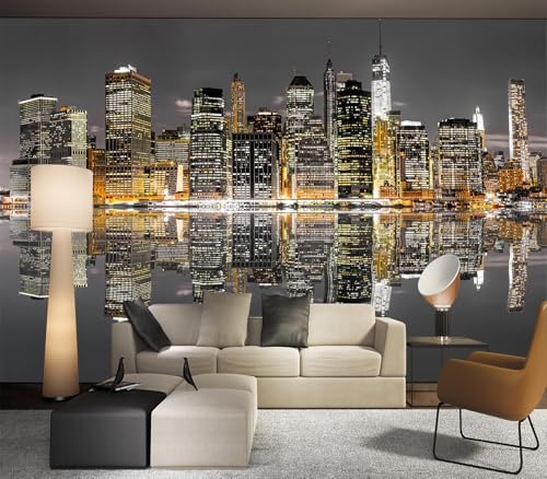 City Night Lights Water Reflection Skyline Peel Stick Wallpaper by Cliouar