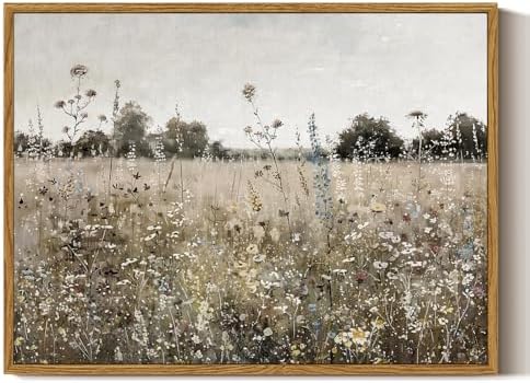 ARPEOTCY Vintage Framed Canvas Wall Art, Classical Wildflowers Field Sky by ARPEOTCY