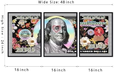 Black Framed Wall Art Canvas Money 100 Dollar Flowers Painting 3 Panels - Image 5