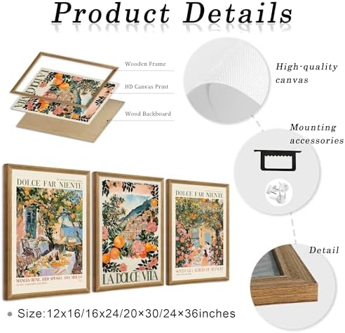 SYWENNOI Triptych Framed Dolce Far Niente Cnavas Wall Art 24x36 inch x3 - Image 6