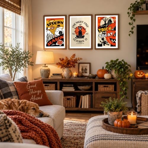 3Pcs Framed Vintage Black Cat Trick or Treat Halloween Wall Art 12x16inch - Image 4