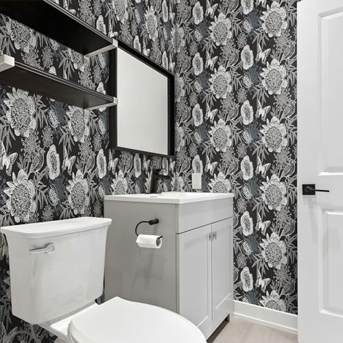 FLFK Peel and Stick Wallpaper Floral Birds Black Wallpaper 16" x 384" - Image 5