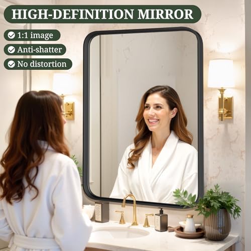 Bathroom Mirror 36x24 Inch Black Metal Frame Rectangle Vanity Mirror - Image 4