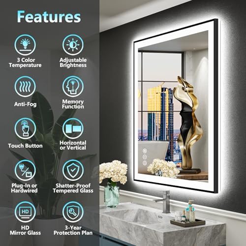 24x32 Black LED Bathroom Mirror, Backlit & Front Lit Lighted Mirror - Image 2