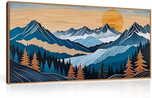 Boho Vintage Mountain Framed Canvas Wall Art Set, Woodcut Pine Tree Landscape - Image 5