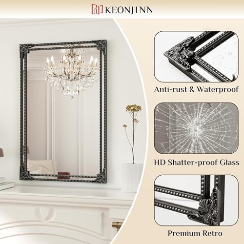 Keonjinn 30x36 Inch Black Antique Vintage Mirror, Brass Baroque Mirror - Image 5