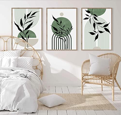 Mid Century Modern Wall Art Set of 3 Sage Green Canvas Wall Art Boho Prints - Image 5