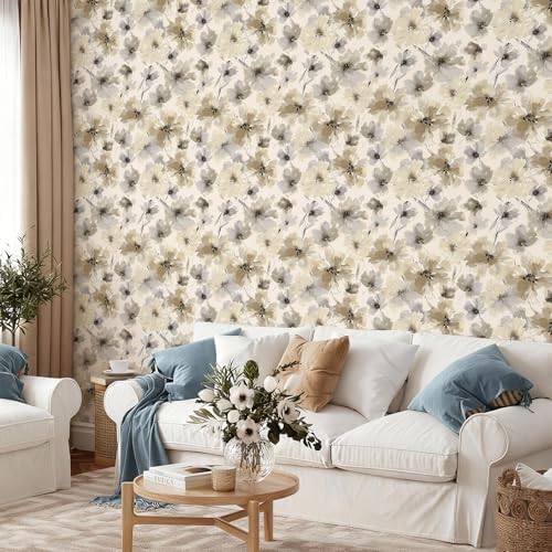 JiffDiff Beige Watercolor Floral Peel and Stick Wallpaper, 17.3" x 1200" - Image 3
