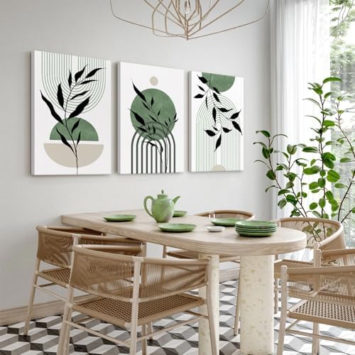 Mid Century Modern Wall Art Set of 3 Sage Green Canvas Wall Art Boho Prints - Image 7