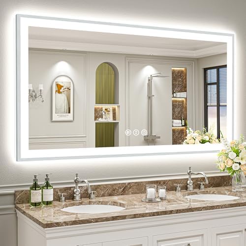 66x36 Inch Brushed Nickel LED Bathroom Mirror, Backlit & Front Lit by Awandee