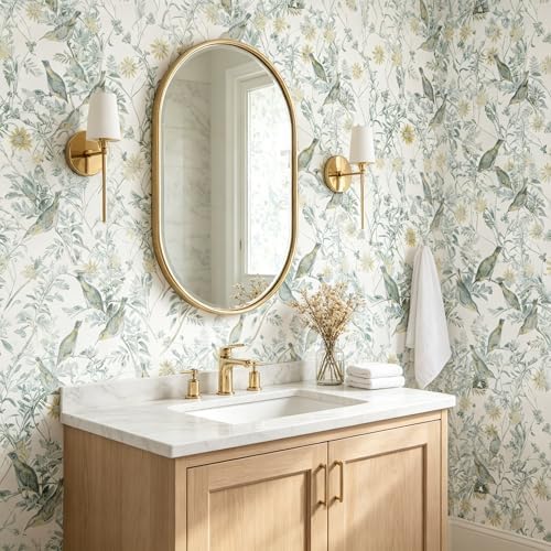 Peel and Stick Wallpaper White/Green Vintage Floral & Birds Self Adhesive - Image 4