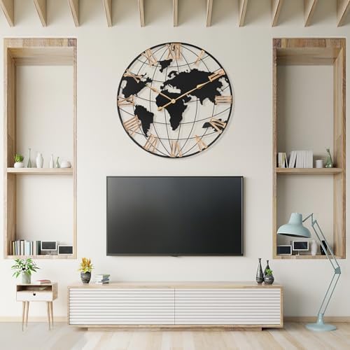 Pytha Sight 36 Inch Large Extra Metal Oversized Roman World Map Wall Clock - Image 6