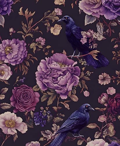 Laatse Gothic Dark Purple Crow Floral Wallpaper Peel and Stick 17.5"x118" by Laatse