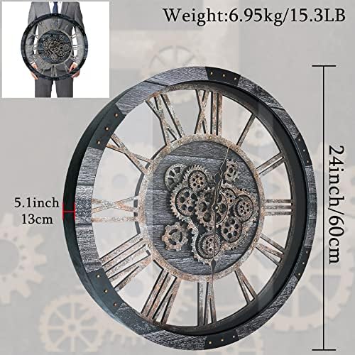 24 Inch Industrial Steampunk Wall Clock, Oversized Solid Wood Frame, Battery - Image 2