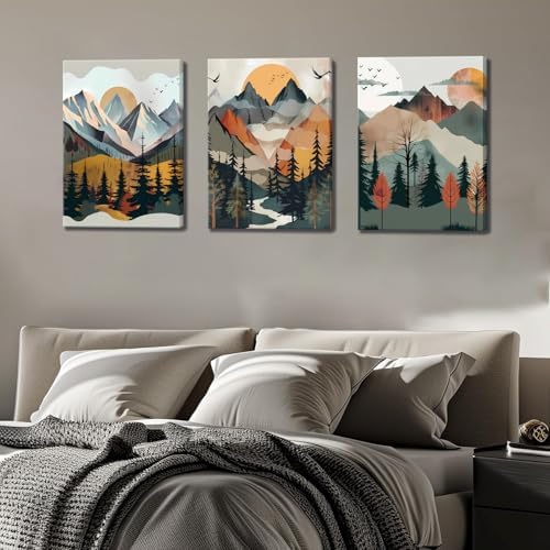 Mountain Canvas Wall Art Set of 3, Boho Sun Forest Abstract Nature Landscape - Image 2