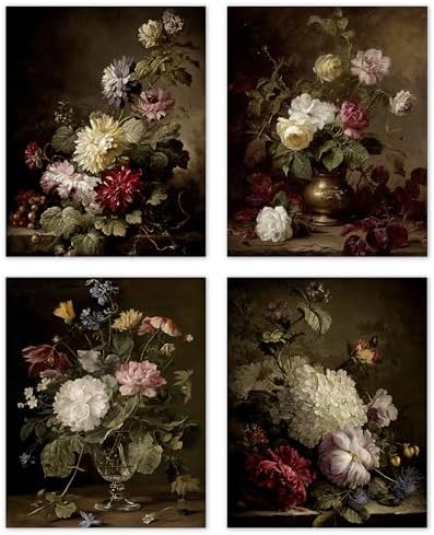 TLESKE Vintage Dark Moody Floral Posters Prints Unframed 8x10 Set of 4 by Unknown