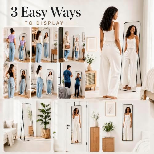 57x20" Full Length Mirror Floor Stand, Over the Door, Wall Mounted Black - Image 6