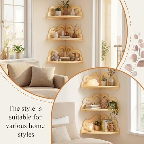 3 Pcs Cloud Floating Corner Shelf Set Boho Rattan Storage - Image 6