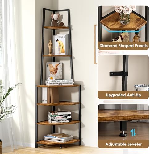 VECELO 6 Tier Corner Shelf 69 Inch Industrial Bookshelf - Image 6