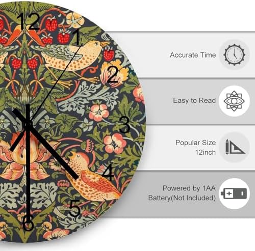 William Morris Wall Clock 12 Inch Silent Non Ticking Clock Wooden, Vintage - Image 3
