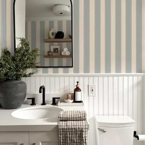 Blue and White Cream Striped Wallpaper Peel and Stick Self-Adhesive Removable - Image 4