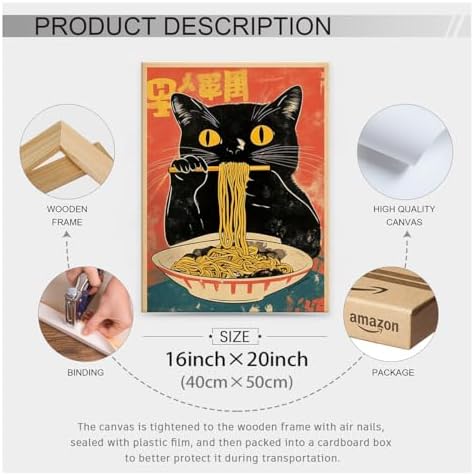 Framed Canvas Wall Art Posters Vintage Funny Black Cat Eating Ramen Unique - Image 2