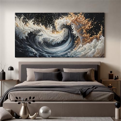 YISXINOAG Blue Gold Ocean Wall Art Coastal Abstract Painting Canvas 29"X58" - Image 2