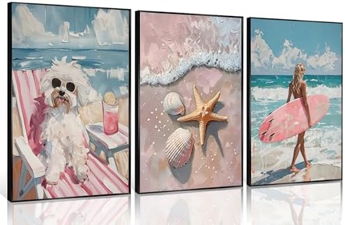Uofnvrji 3Pcs Pink Beach Preppy Wall art Retro Beach seashell and starfish by Unknown